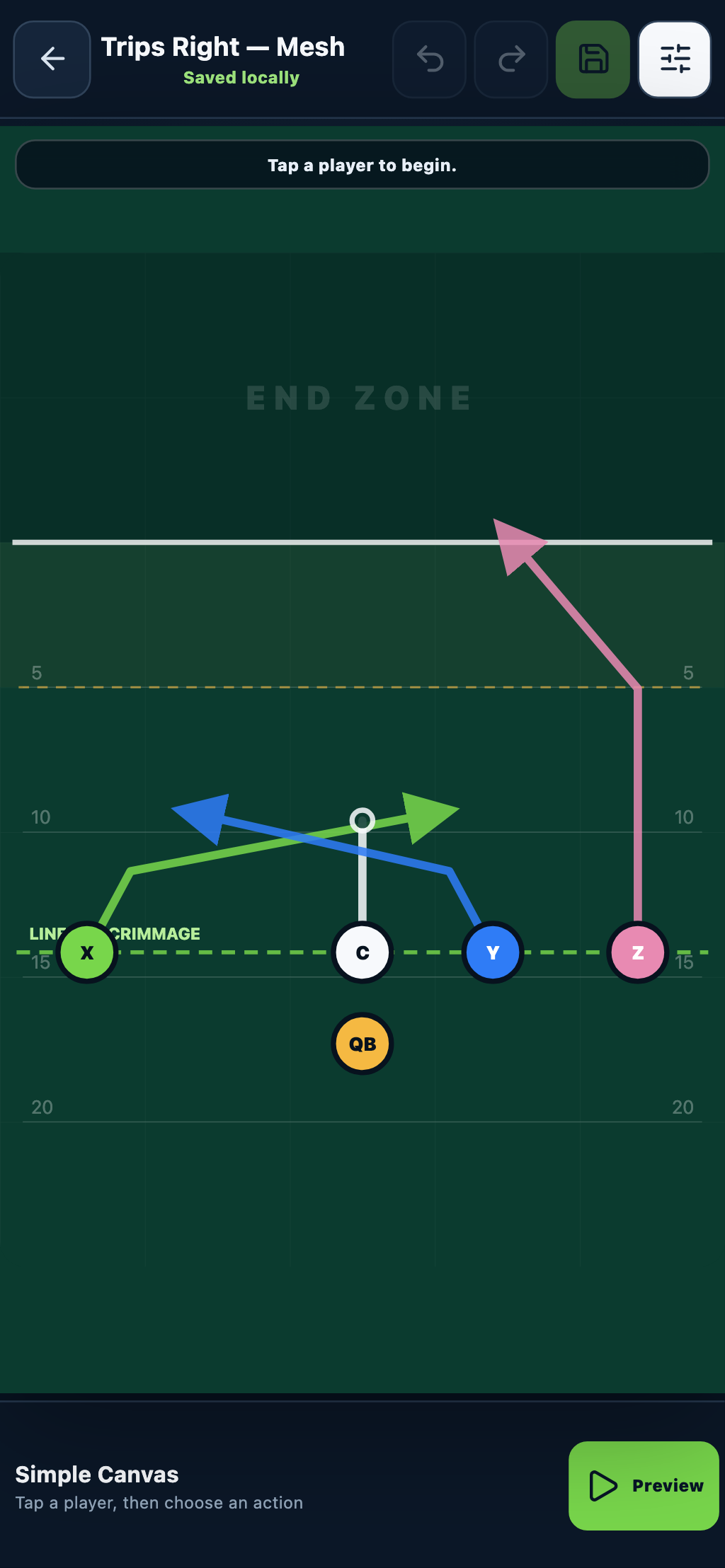 TactiFlag simple play editor showing player routes on a flag-football field