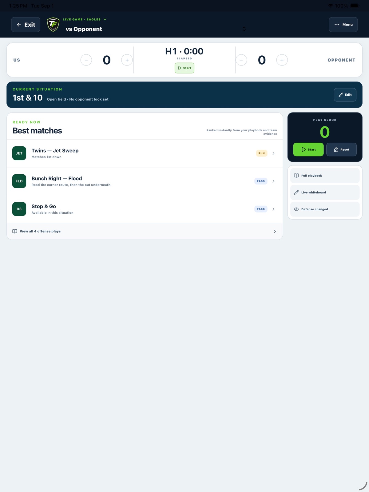 TactiFlag Game Day dashboard on a tablet