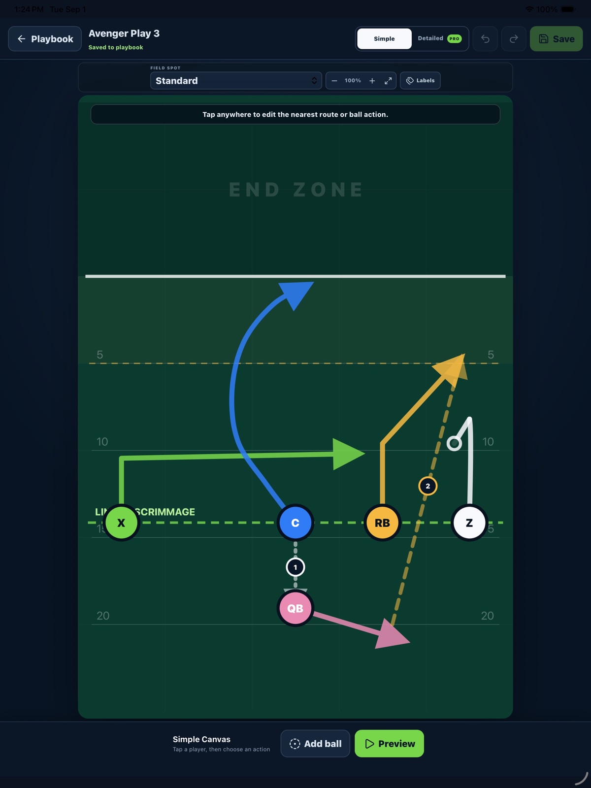 TactiFlag play editor on iPad with a full flag football field
