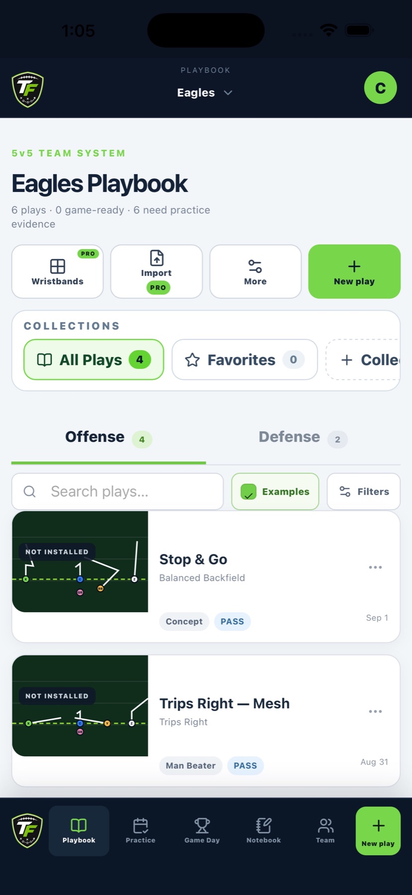 TactiFlag offensive and defensive flag football playbook on iPhone