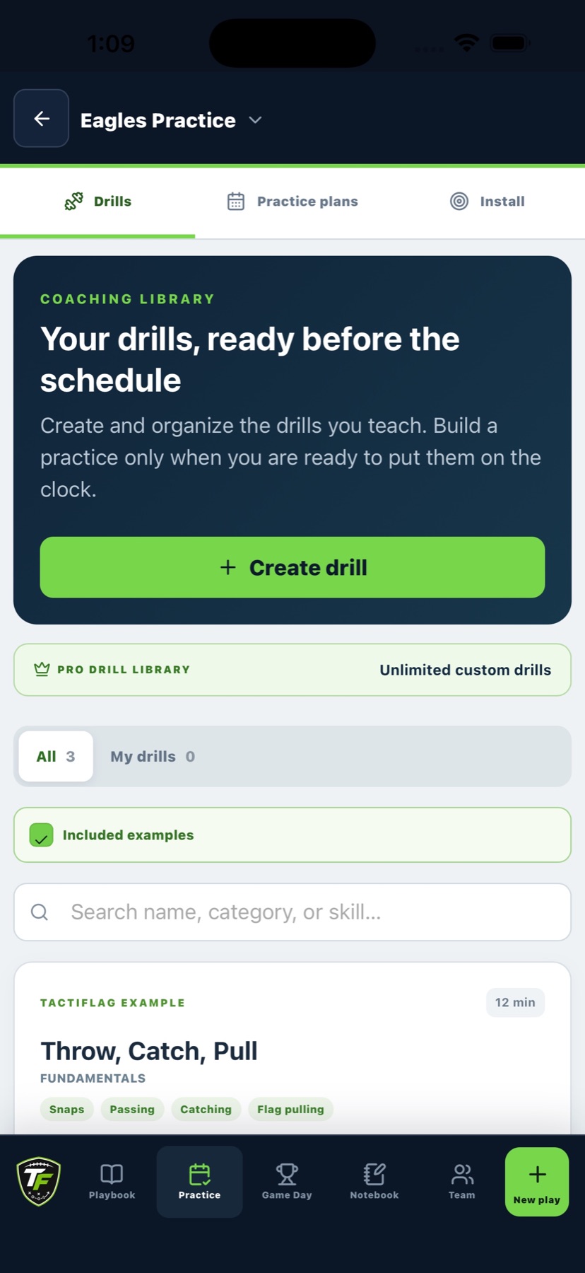 TactiFlag practice planner with timed periods and playbook connections